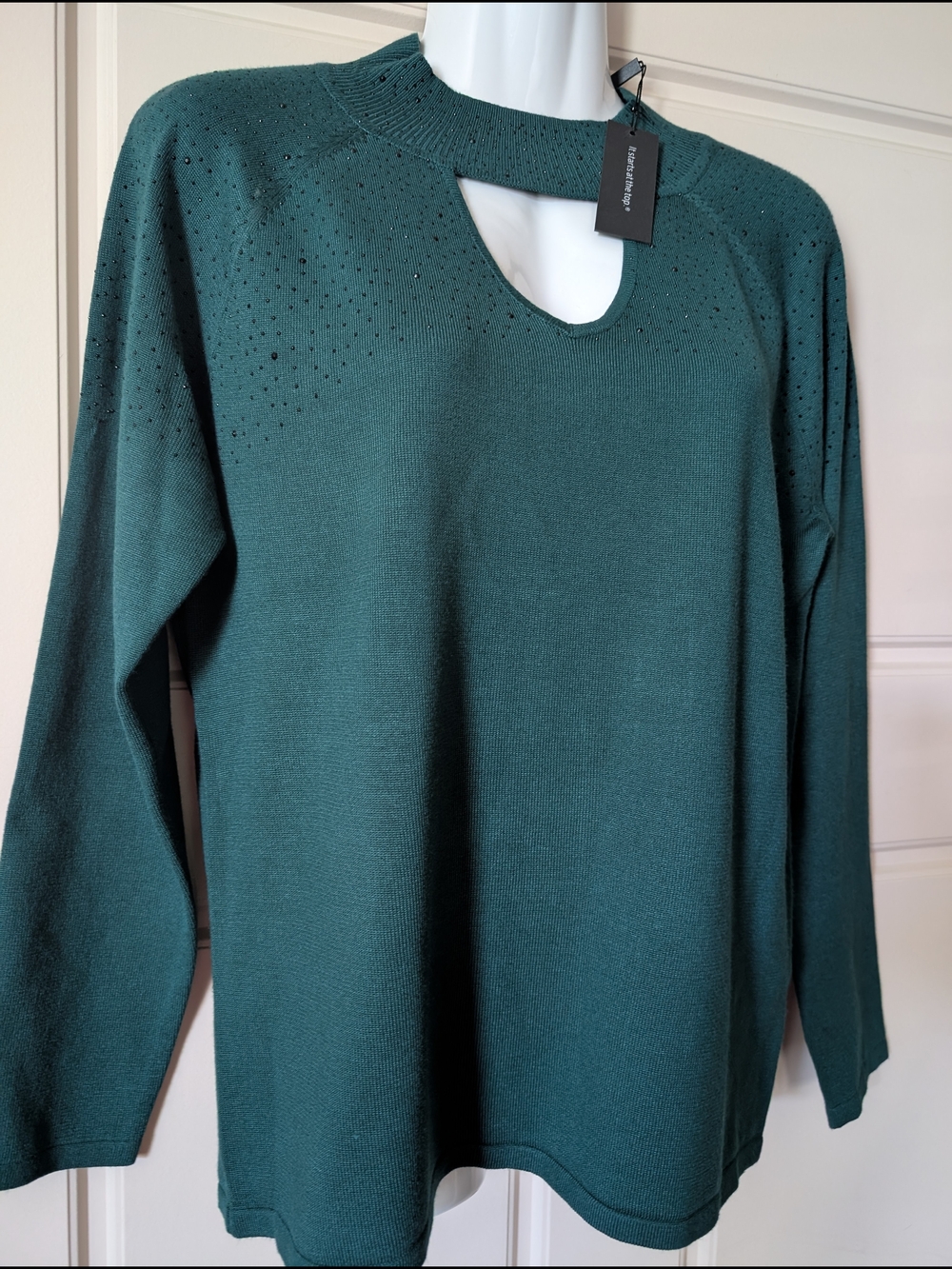 Teal Green Crewneck Sweater with Keyhole Detail